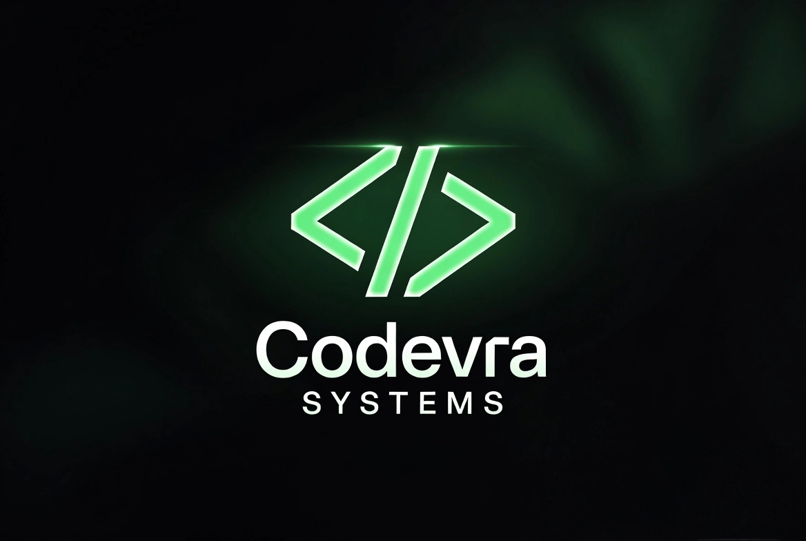 Codevra Systems – Texnologik startup uchun dark uslubdagi logo