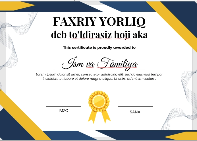 Faxriy yorliq shablon tayyori andoza