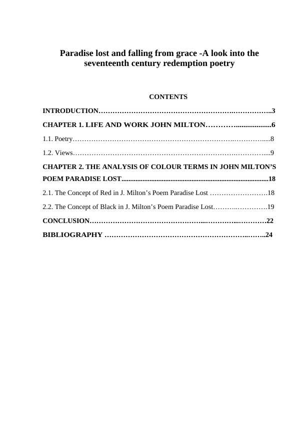 Paradise lost and falling from grace -A look into the seventeenth century redemption poetry