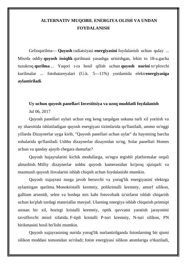 Alternativ Muqobil energiya olish va undan foydalanish