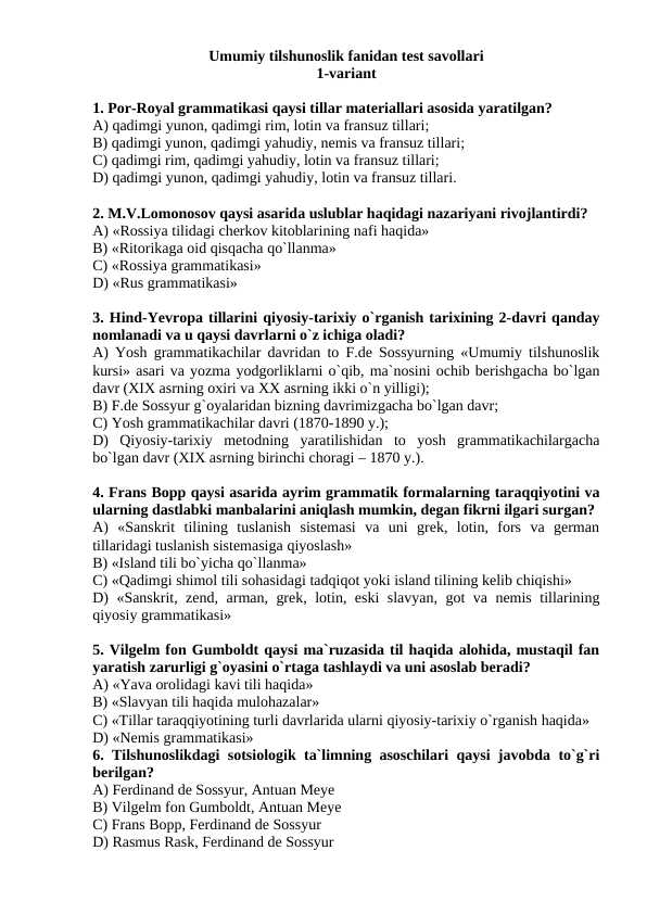 Umumiy tilshunoslik fanidan test savollari