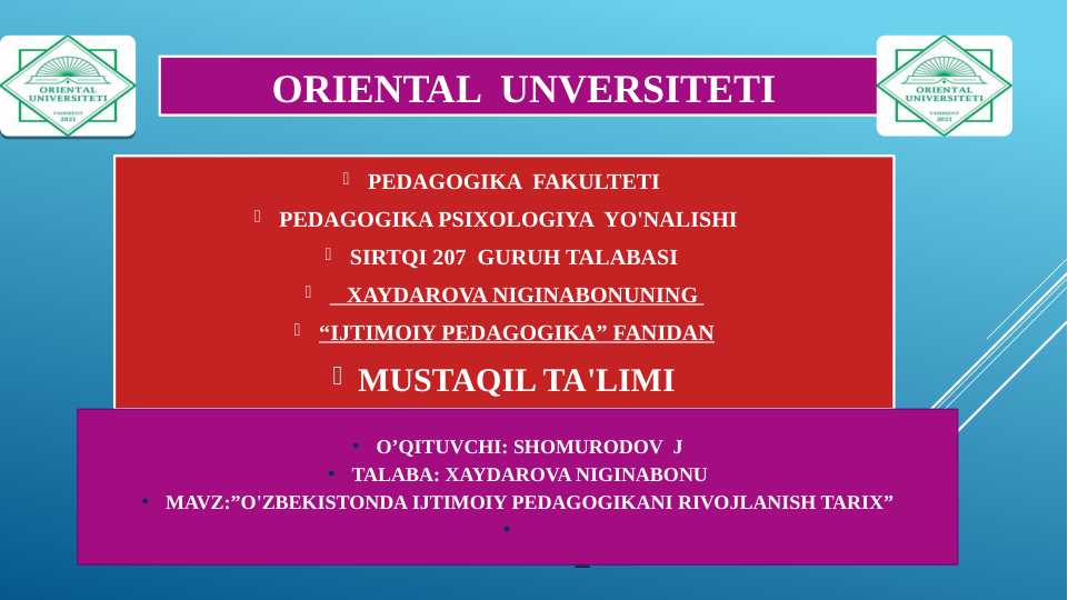 O'ZBEKISTONDA IJTIMOIY PEDAGOGIKANI RIVOJLANISH TARIX