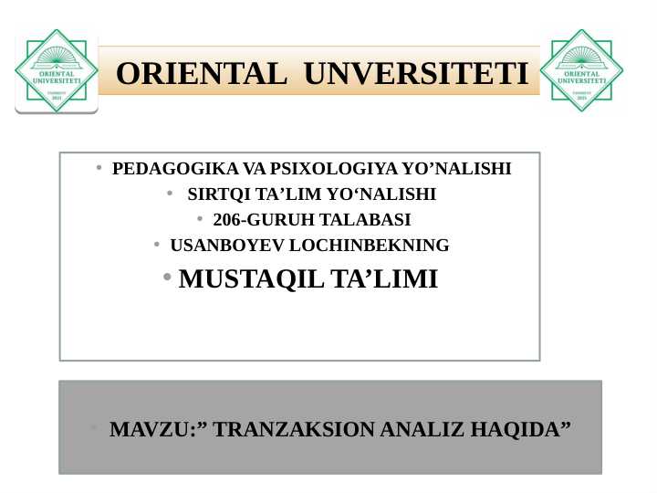 TRANZAKSION ANALIZ HAQIDA