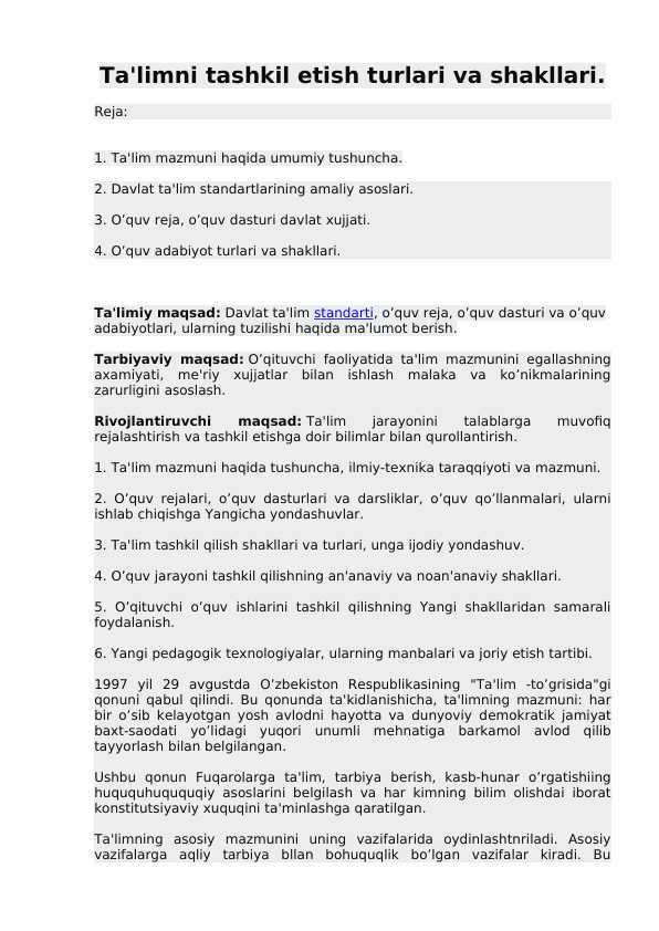 Ta'limni tashkil etish turlari va shakllari.