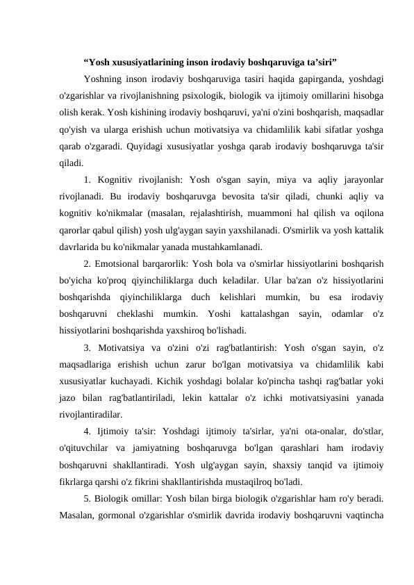 yoshning inson irodaviy boshqaruvi