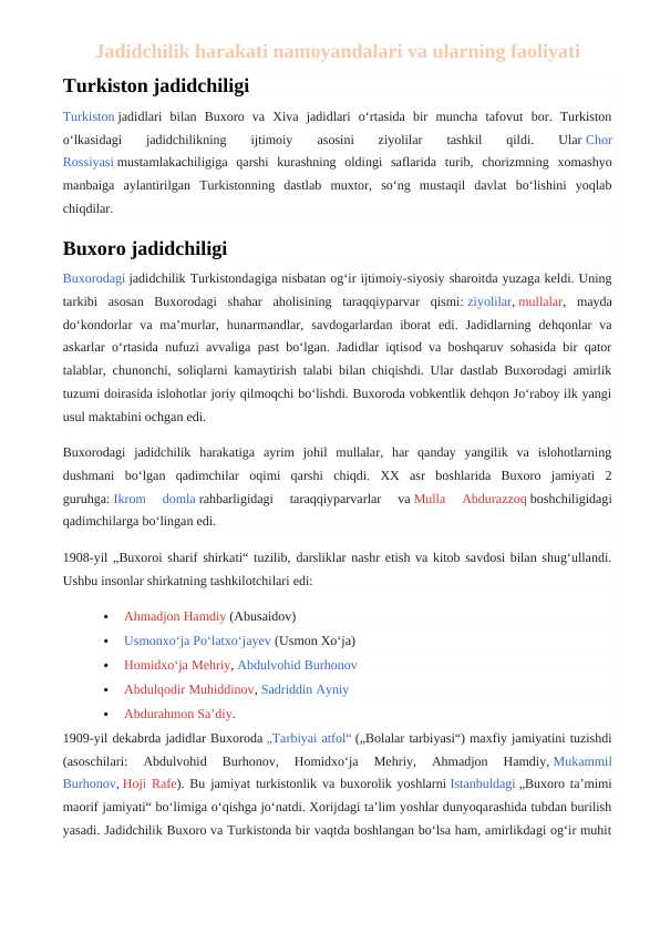 Jadidchilik harakati namoyandalari va ularning faoliyati 24