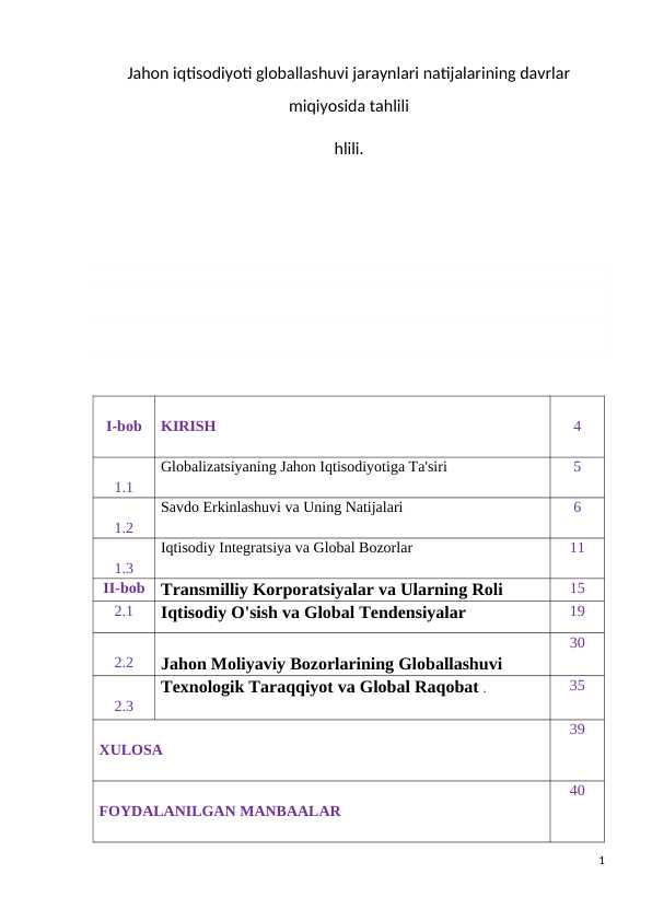 Jahon iqtisodiyoti globallashuvi jaraynlari natijalarining davrlar miqiyosida tahlili