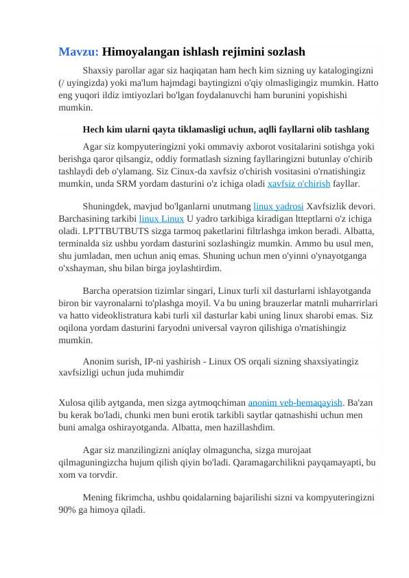 Himoyalangan ishlash rejimini sozlash