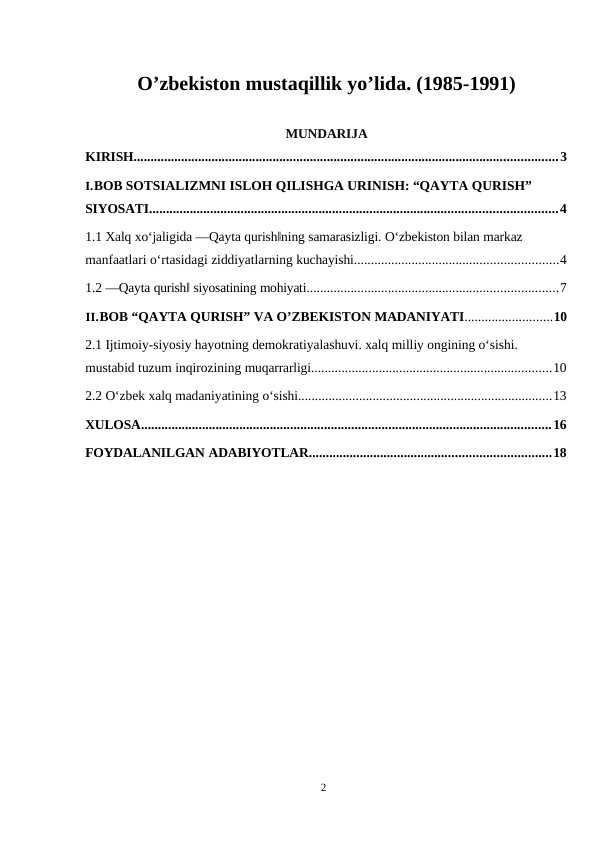 O’zbekiston mustaqillik yo’lida. (1985-1991)