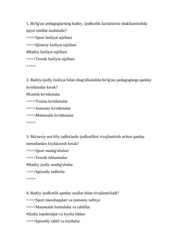 badiy pedagogika 200 ta test savollari va javoblari