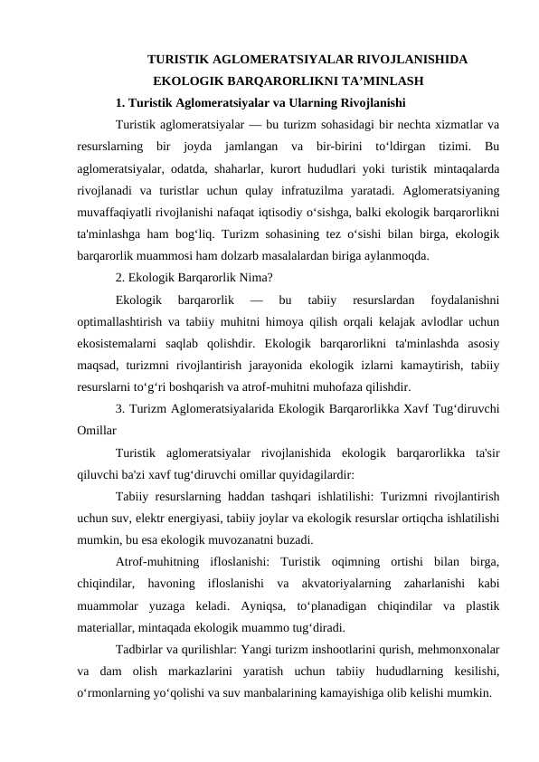 TURISTIK AGLOMERATSIYALAR RIVOJLANISHIDA EKOLOGIK BARQARORLIKNI TA’MINLASH. TEZIS