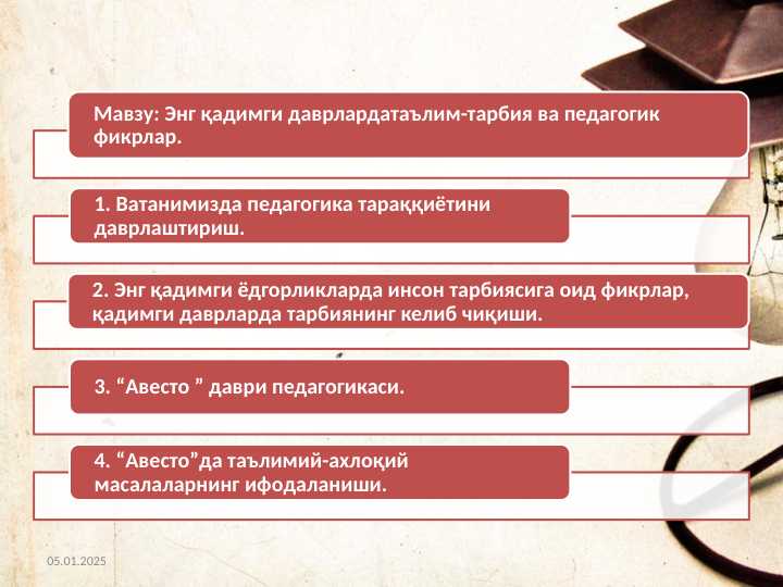 Eng qadimgi davrlardata’lim-tarbiya va pedagogik fikrlar Eng qadimgi davrlardan VII asrgacha ta’lim-tarbiya