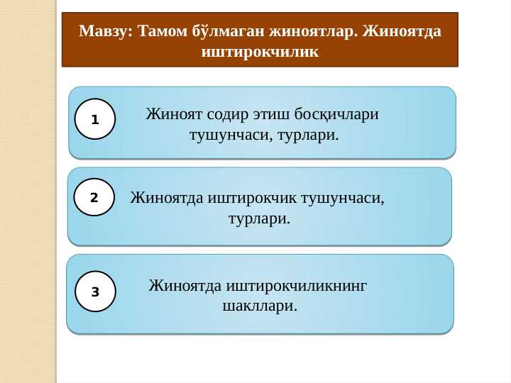 Тамом бўлмаган жиноятлар. Жиноятда иштирокчилик