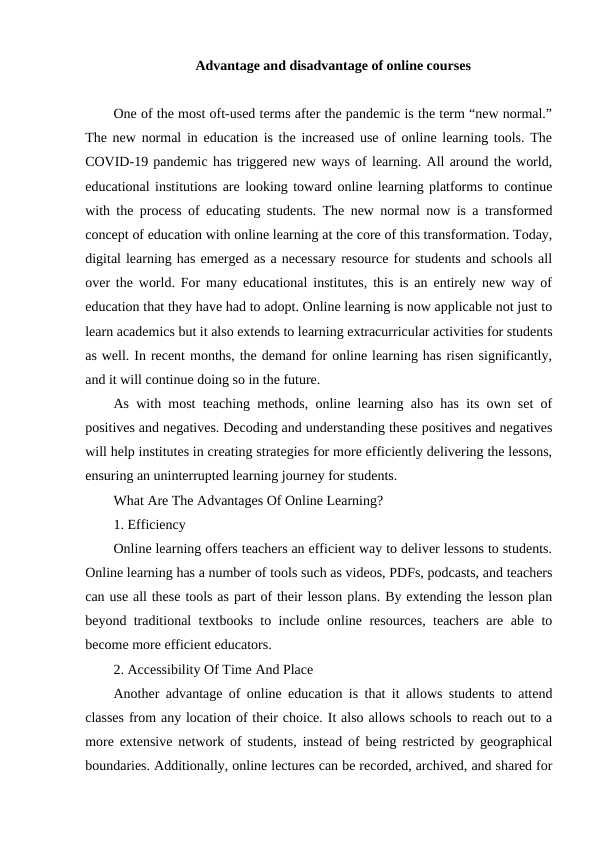 Advantage and disadvantage of online courses