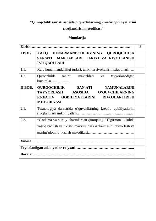 “Quroqchilik san’ati asosida o‘quvchilarning kreativ qobiliyatlarini rivojlantirish metodikasi