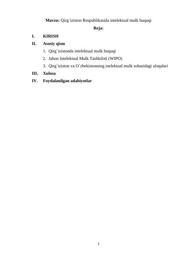 Qirg`iziston Respublikasida intelektual mulk huquqi