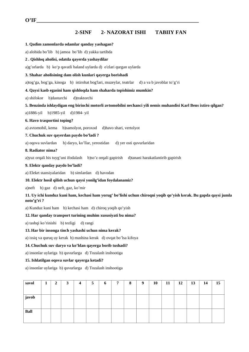 2-SINF  2- NAZORAT ISHI  TABIIY FAN