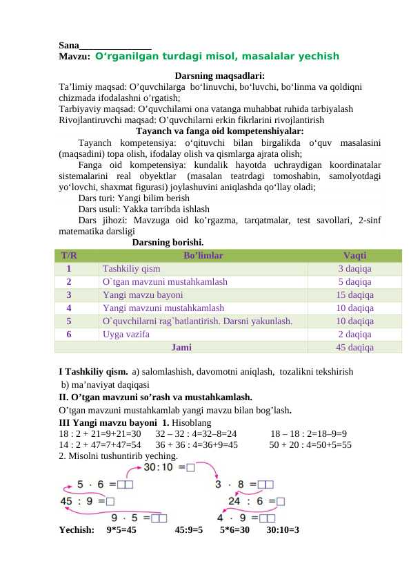 2-sinf matematika O‘rganilgan turdagi misol, masalalar yechish dars ishlanma
