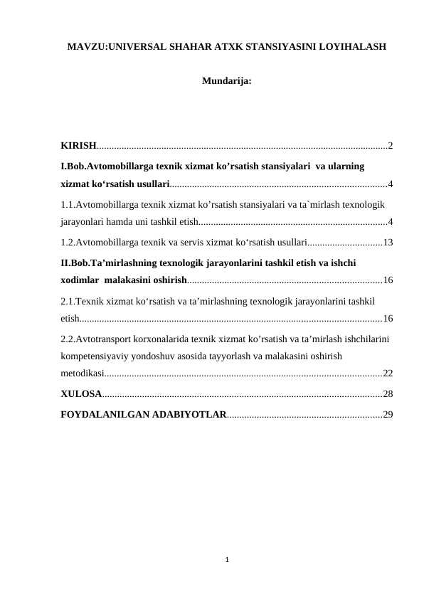 UNIVERSAL SHAHAR ATXK STANSIYASINI LOYIHALASH