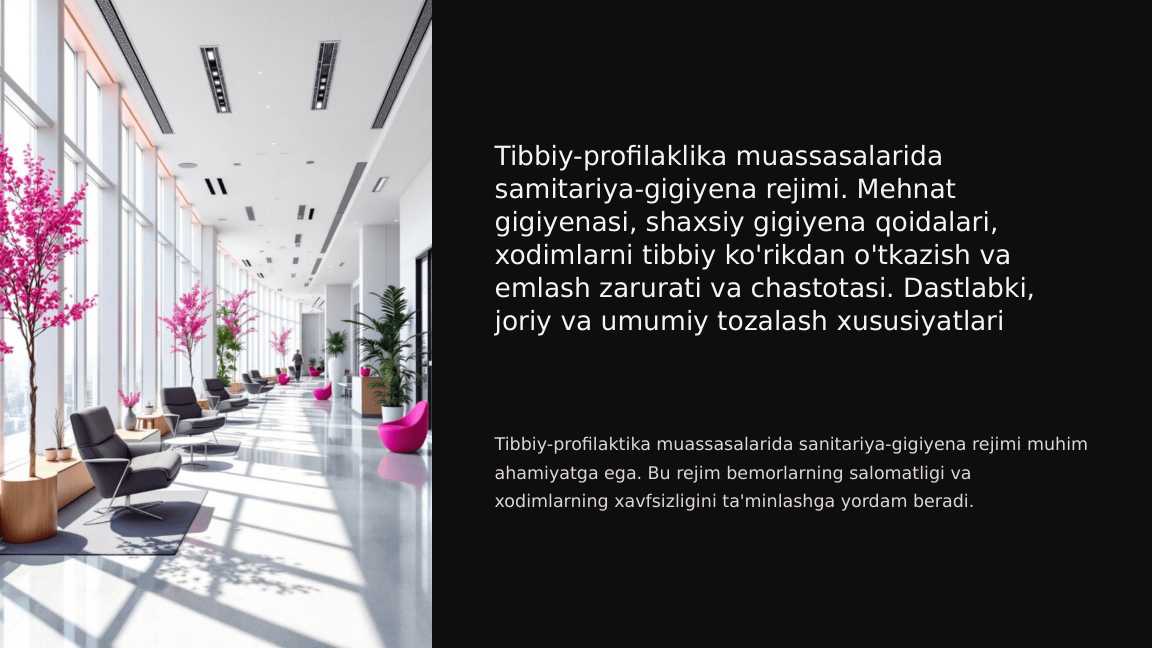 Tibbiy-profilaklika muassasalarida samitariya-gigiyena rejimi. Mehnat gigiyenasi, shaxsiy gigiyena qoidalari, xodimlarni tibbiy ko'rikdan o'tkazish va emlash zarurati va chastotasi. Dastlabki, joriy va umumiy tozalash xususiyatlari