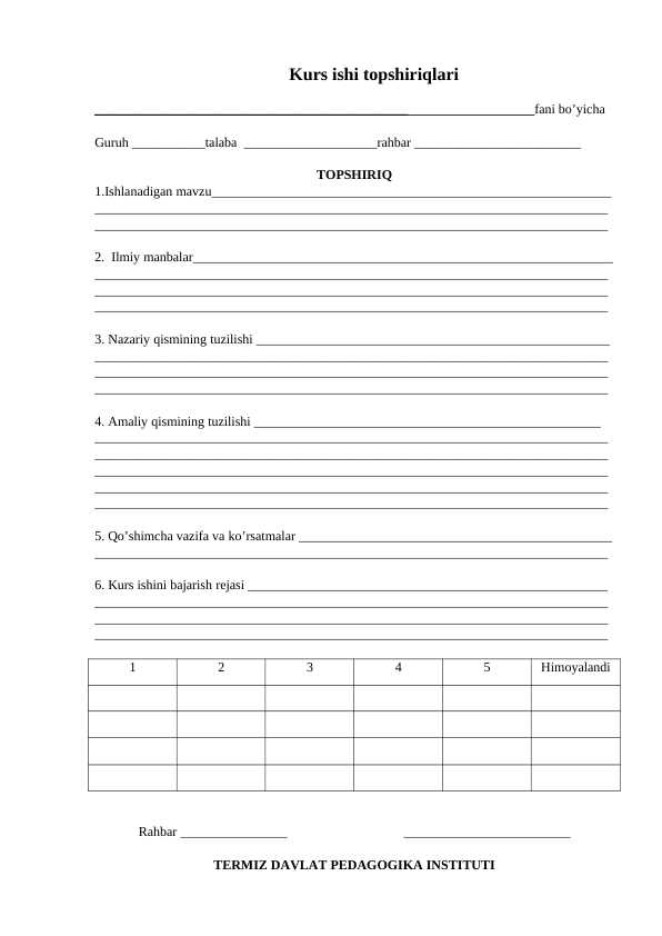 KURS ISHI BLANKALARI bOSHLANG'ICH TA'LIM