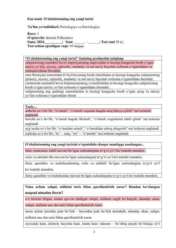 O'zbekistonning eng yangi tarixi fanidan yakuniy nazorat testlari javoblari bilan