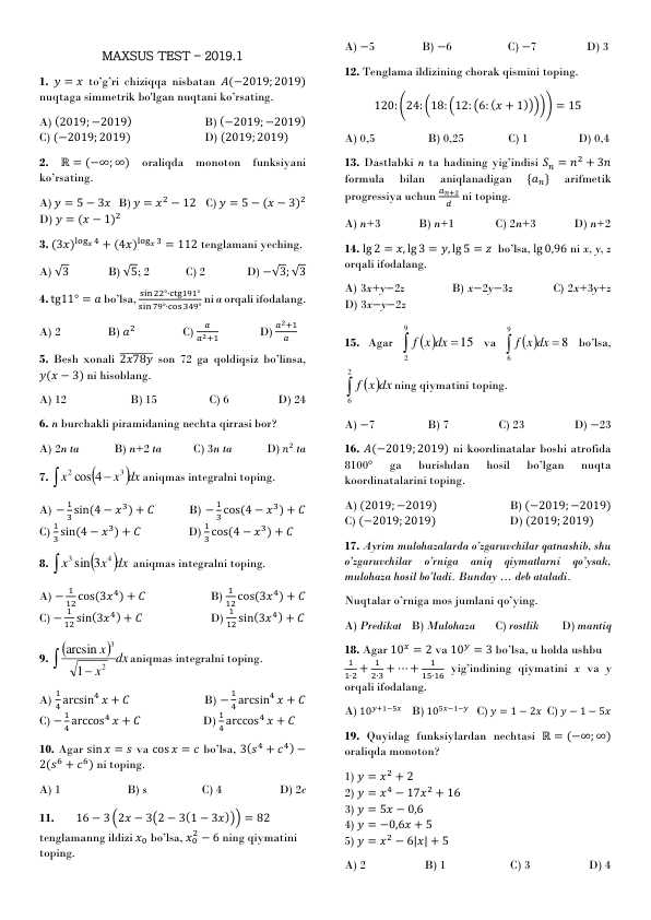 Matematika Milliy sertifikat uchun test