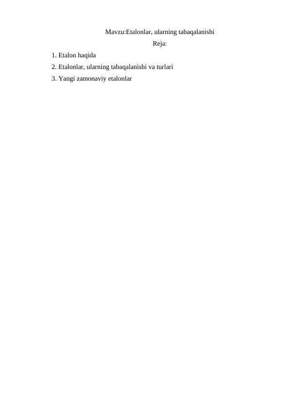 Etalonlar, ularning tabaqalanishi