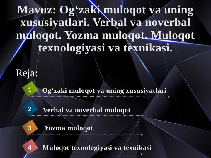 Og‘zaki muloqot va uning xususiyatlari. Verbal va noverbal muloqot. Yozma muloqot. Muloqot texnologiyasi va texnikasi.