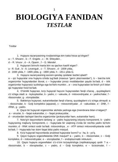 BIOLOGIYA FANIDAN TESTLAR