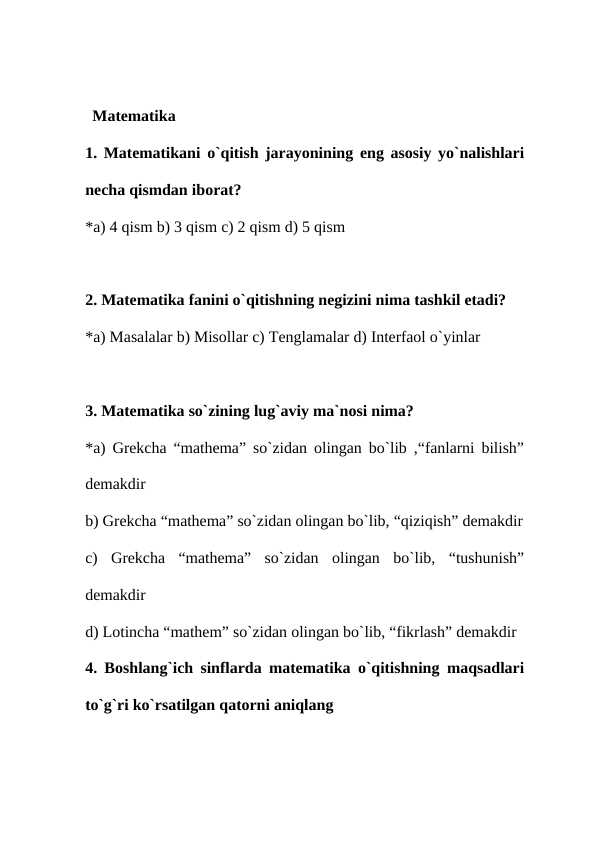 Matematika matematikadan test javoblari bilan