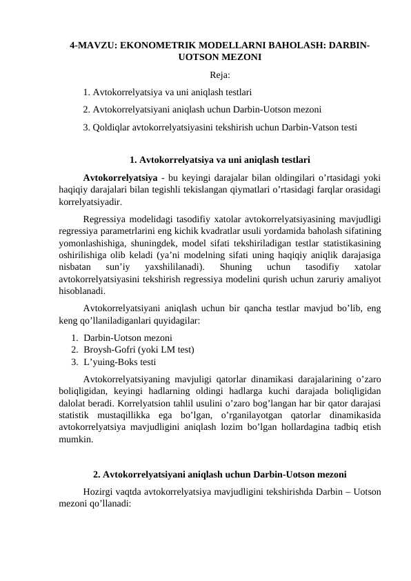 EKONOMETRIK MODELLARNI BAHOLASH: DARBIN-UOTSON MEZONI