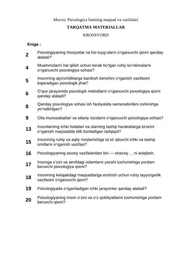 Psixologiya fanining maqsad va vazifalari Krossvord Tarqatma Materiallar