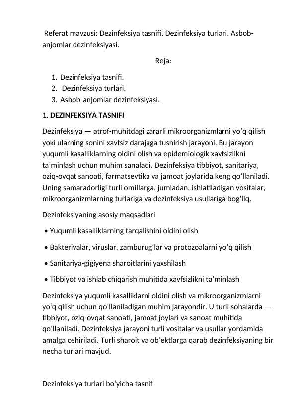 Dezinfeksiya tasnifi. Dezinfeksiya turlari. Asbob-anjomlar dezinfeksiyasi.