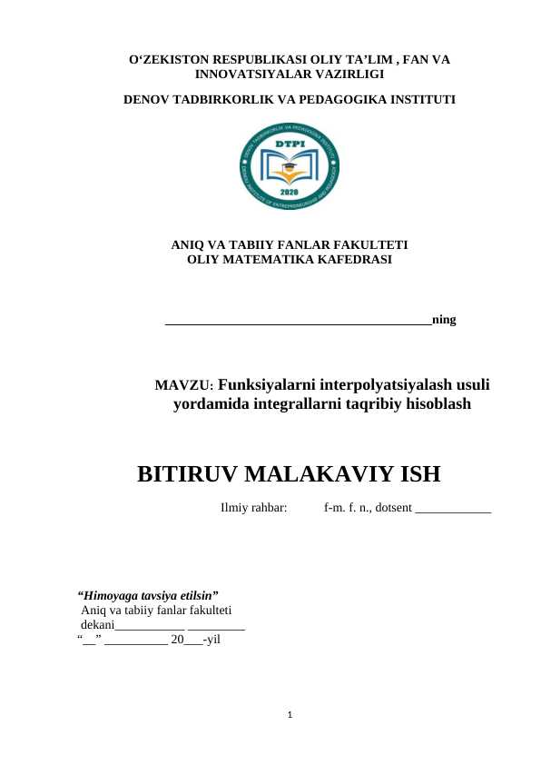 Funksiyаlаrni intеrpоlyаtsiyаlаsh usuli yоrdаmidа intеgrаllаrni tаqribiy hisоblаsh