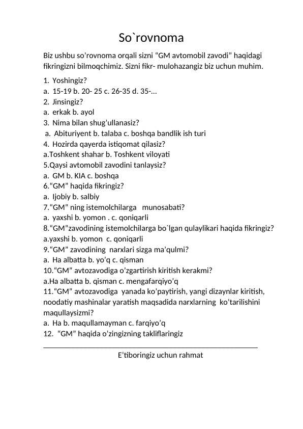 Mustaqil ish: Sorovnoma