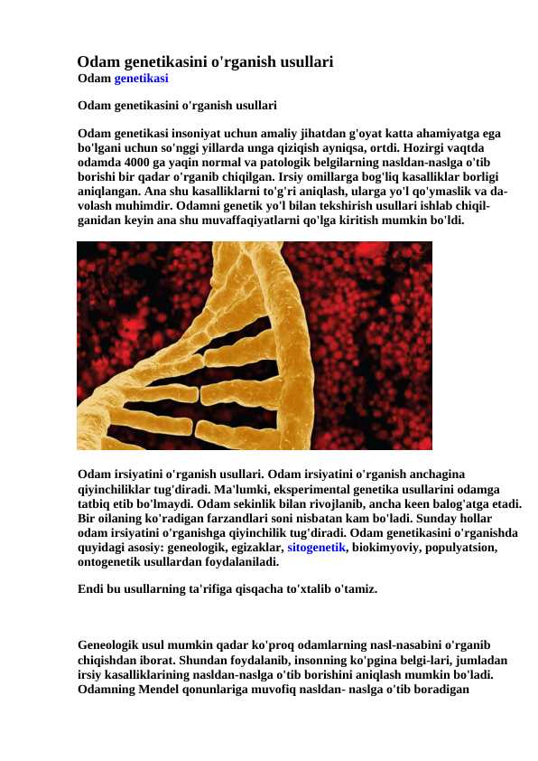 Odam genetikasini o'rganish usullari