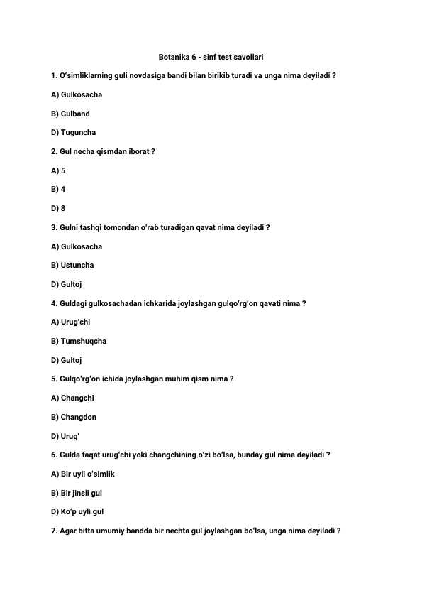 Biologiya 6 - sinf Mavzulashtirilgan test savollari javoblari bilan