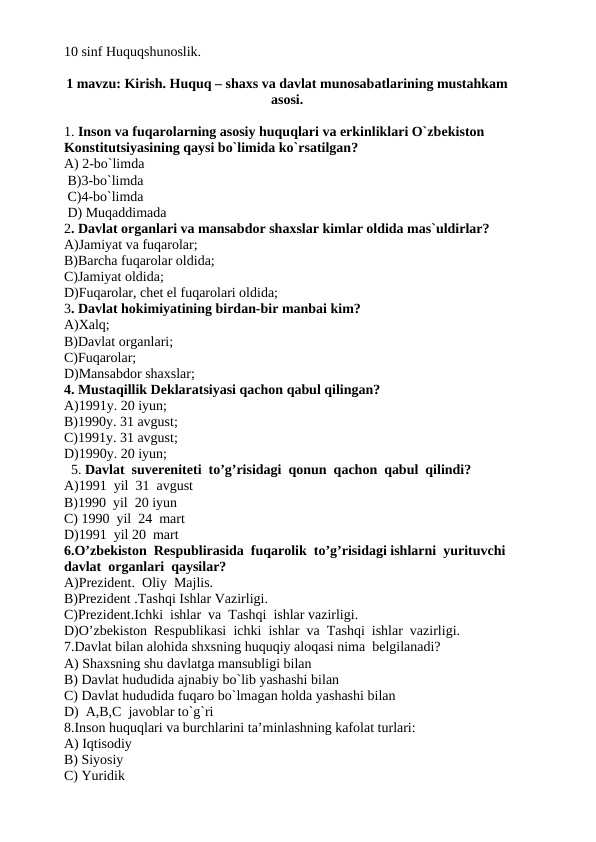 10-Sinf Huquqshunoslik fanidan mavzulashtirilgan testlar toʻplami