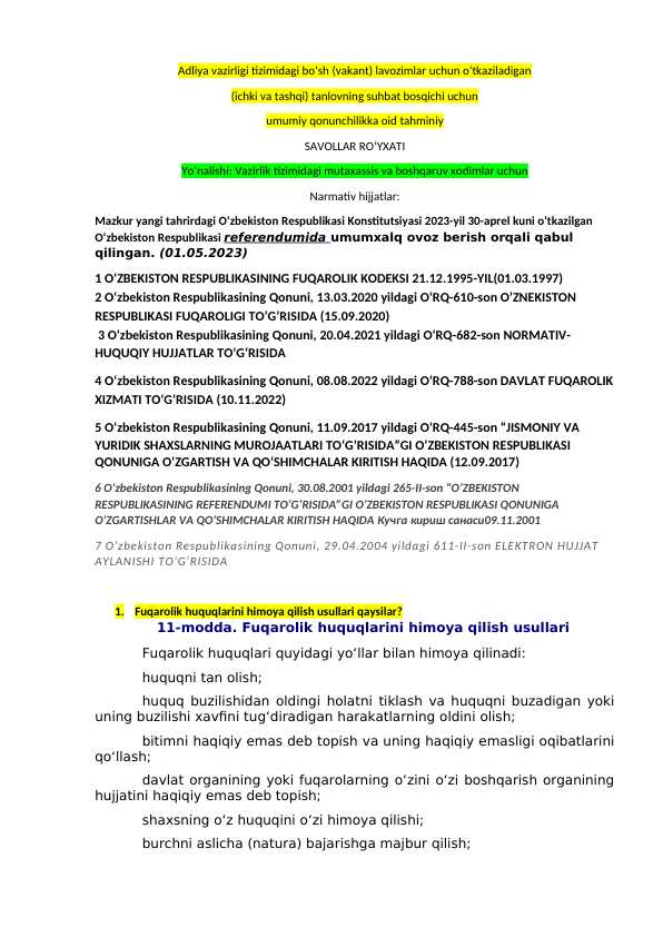 Adliya vazirligi tizimidagi bo‘sh (vakant) lavozimlar uchun o‘tkaziladigan (ichki va tashqi) tanlovning suhbat bosqichi uchun umumiy qonunchilikka oid tahminiy SAVOLLAR RO‘YXATI Yo‘nalishi: Vazirlik tizimidagi mutaxassis va boshqaruv xodimlar uchun
