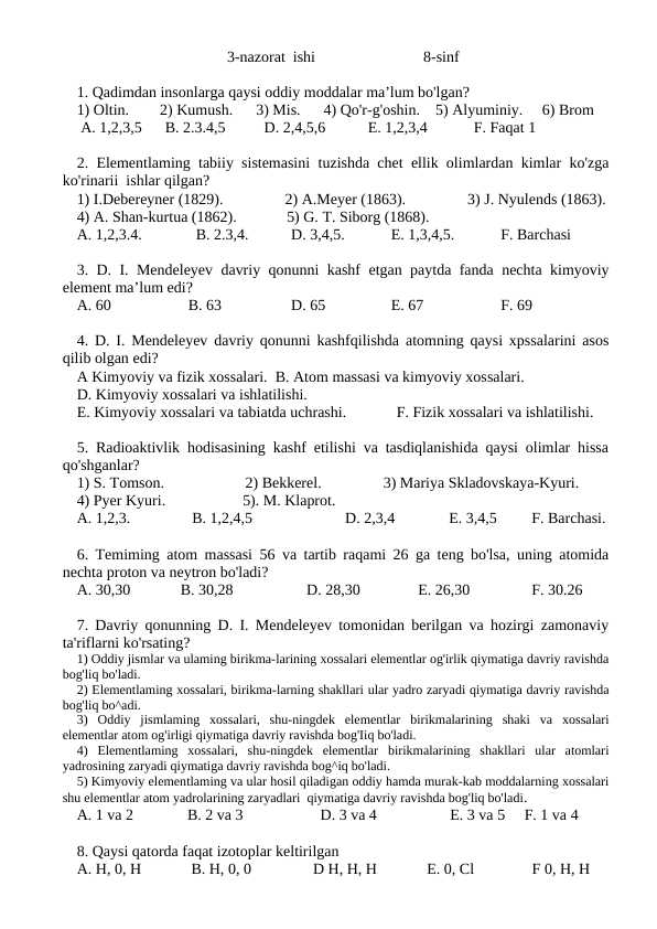 8-sinf 3-chorak uchun test