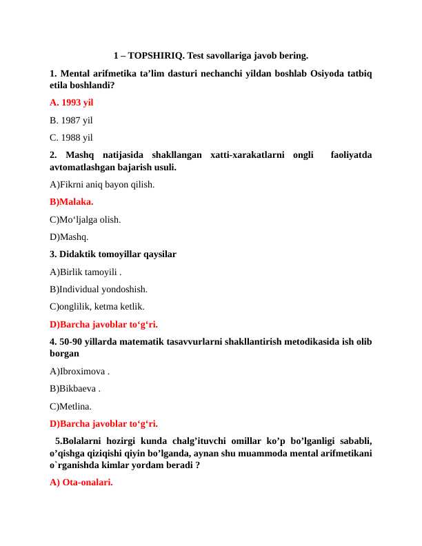 matematika,testlar va savol javoblar