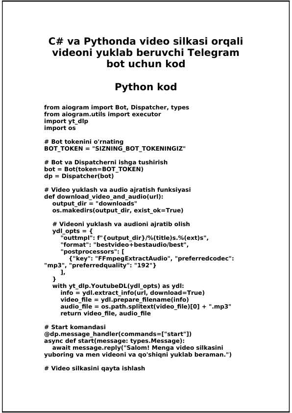 Video silkasi orqali videoni topib uni yuklab beruvchi Telegram Bot uchun Python va C# kod
