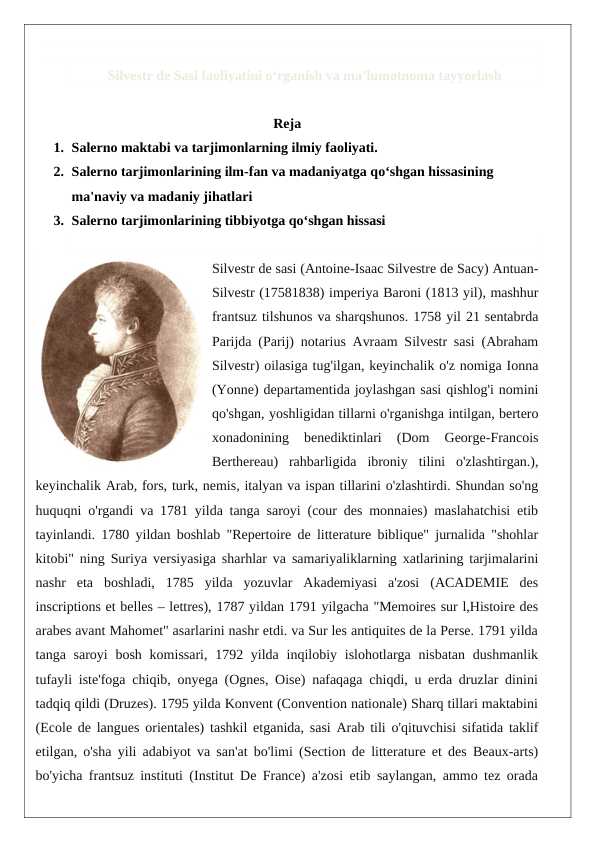 Silvestr de Sasi faoliyatini o‘rganish va ma’lumotnoma tayyorlash