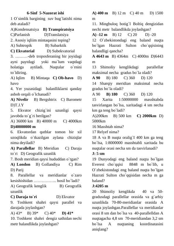 tabiiy fan 6-Sinf  5-Nazorat ishi