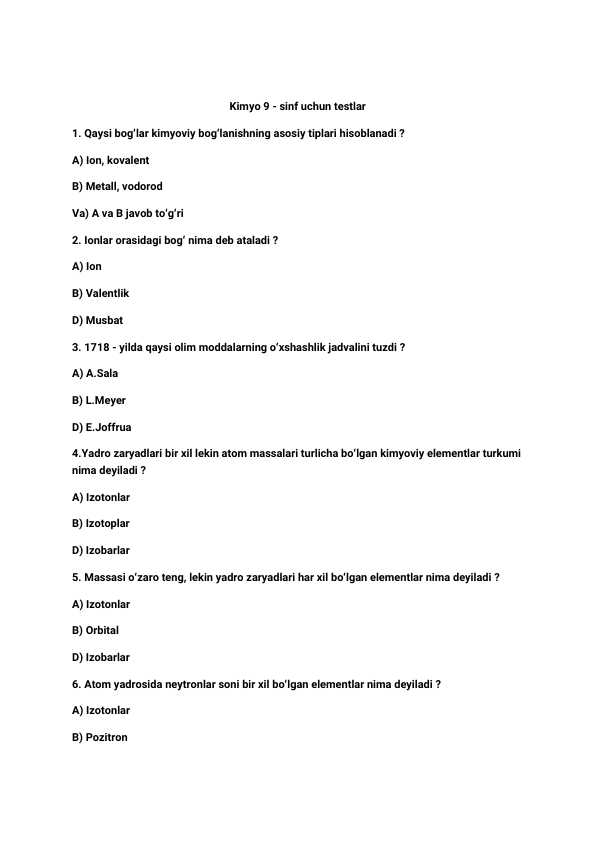 Kimyo 9-sinf uchun test savollari javoblari bilan / 20 ta