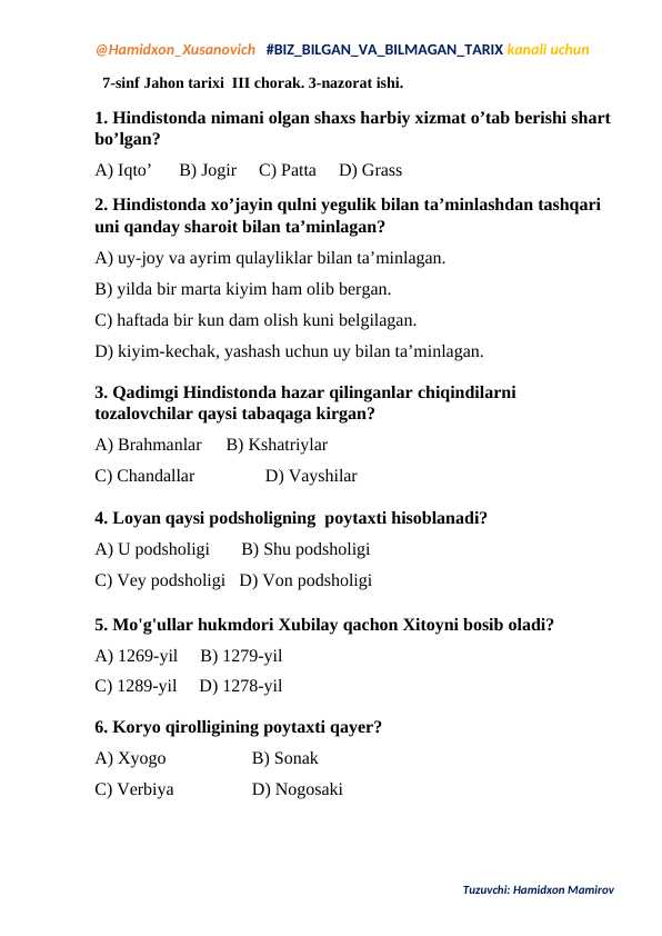 Jahon tarix test 7-sinf nazorat ishi 3-chorak