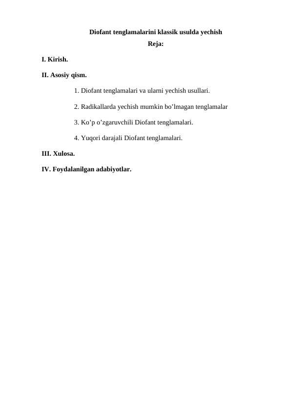Diofant tenglamalarini klassik usulda yechish
