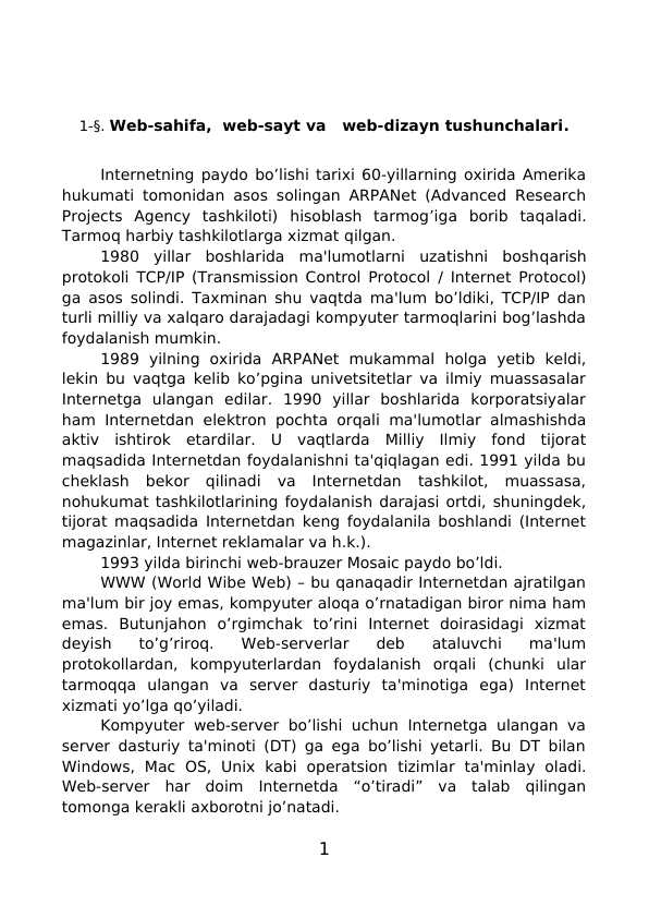 Web-sahifa,  web-sayt va   web-dizayn tushunchalari KURS ISHI