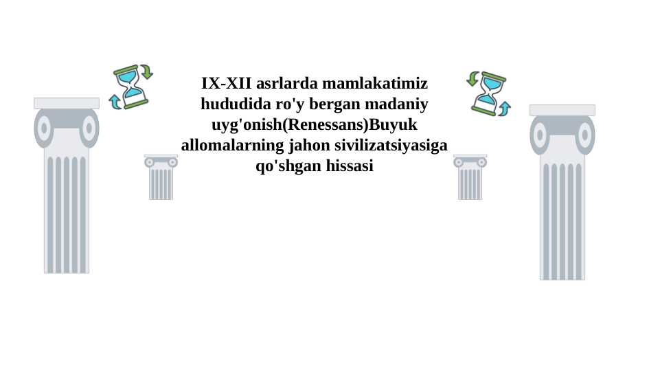 IX-XII asrlarda mamlakatimiz hududida ro'y bergan madaniy uyg'onish(Renessans)Buyuk allomalarning jahon sivilizatsiyasiga qo'shgan hissasi